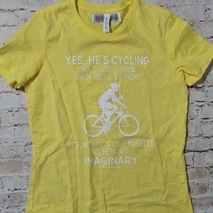 Bella Ladies Favorite T-shirt, Yellow, "Yes, He's Cycling", Large, New